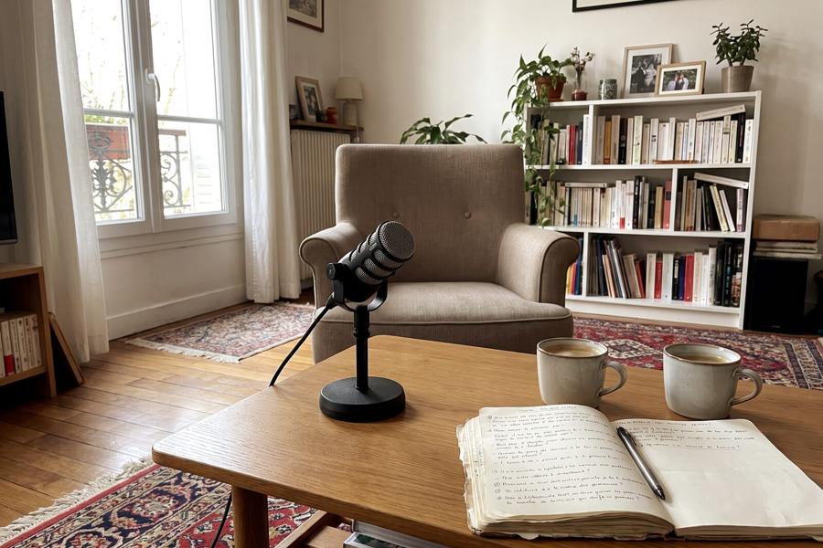 Un salon prêt pour l’entretien&nbsp;: un micro posé sur la table basse, deux tasses de café, un carnet de questions et un fauteuil qui attend
