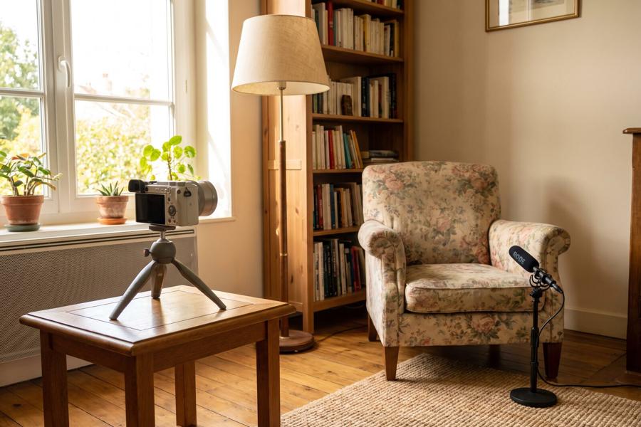 Une caméra sur trépied dans un salon lumineux, tournée vers un fauteuil fleuri et un micro