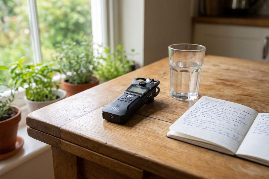 Un petit enregistreur audio posé sur la table d’une cuisine, à côté d’un verre d’eau et d’un carnet de notes