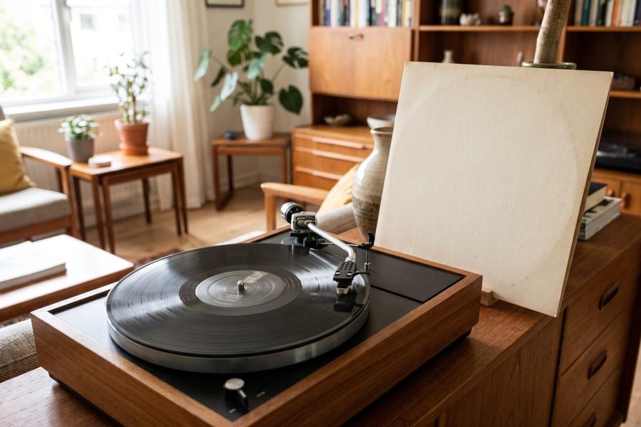 Un disque vinyle sur une platine en bois, sa pochette posée à côté