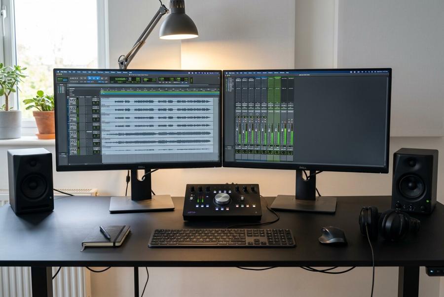 Un poste de montage audio sur un bureau noir&nbsp;: deux écrans affichant Pro Tools, une interface audio à grand bouton de volume, deux enceintes de studio et un casque