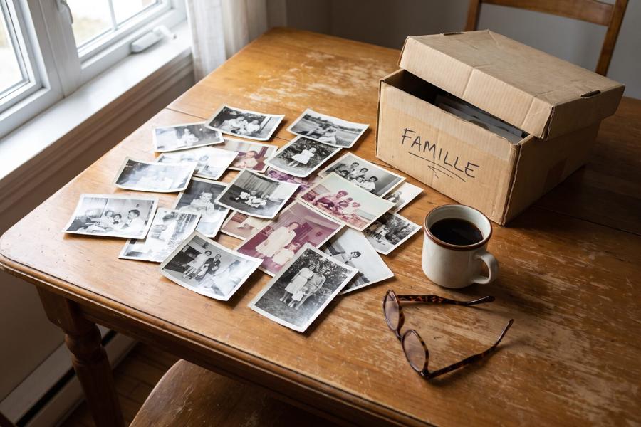 De vieilles photographies de famille étalées sur une table de cuisine en bois, à côté d’une boîte en carton, d’une tasse de café et d’une paire de lunettes